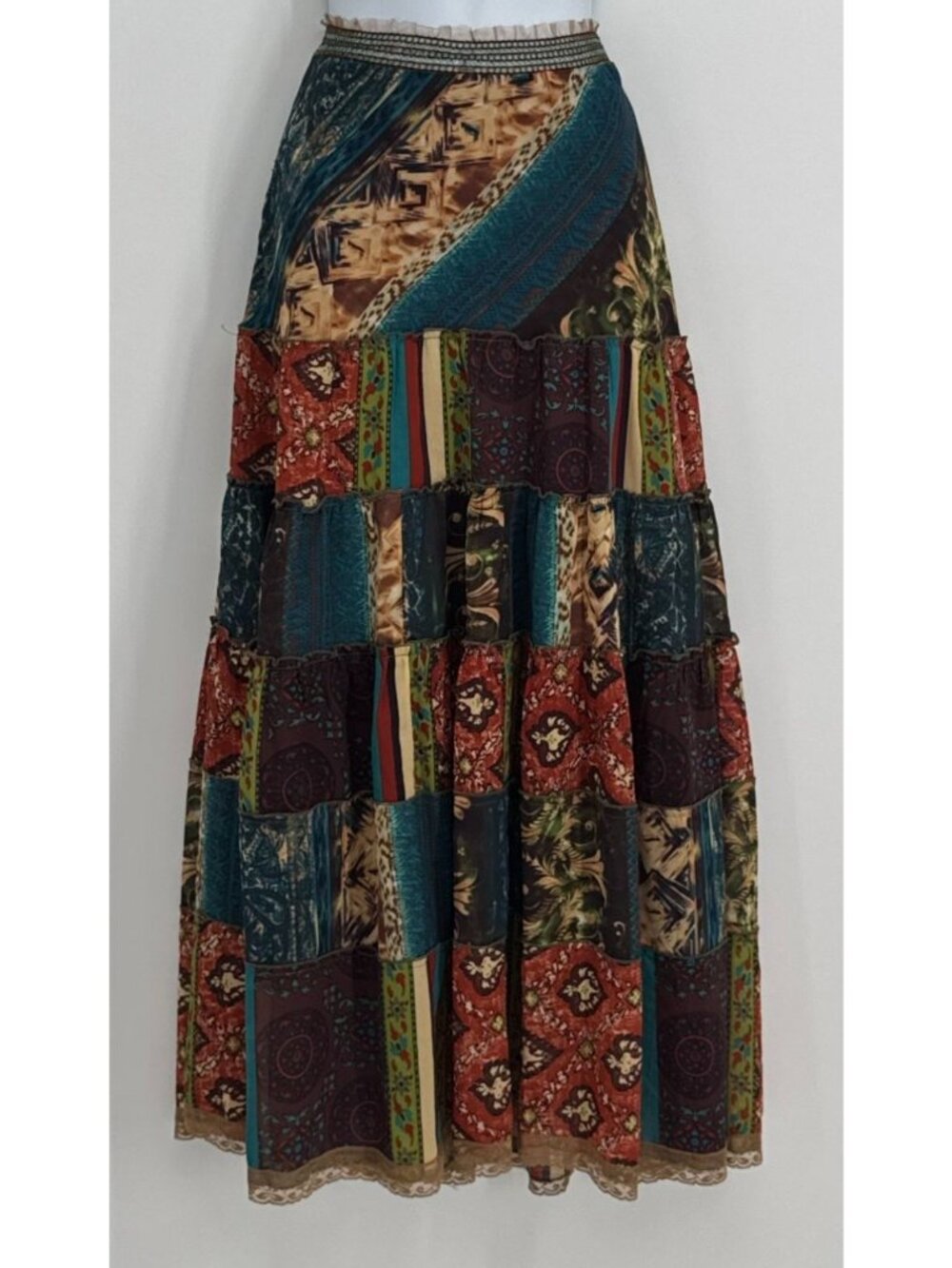 Boho Tiered Maxi Skirt M Multicolor Patchwork Lace Hem Trim Cottage Fairy